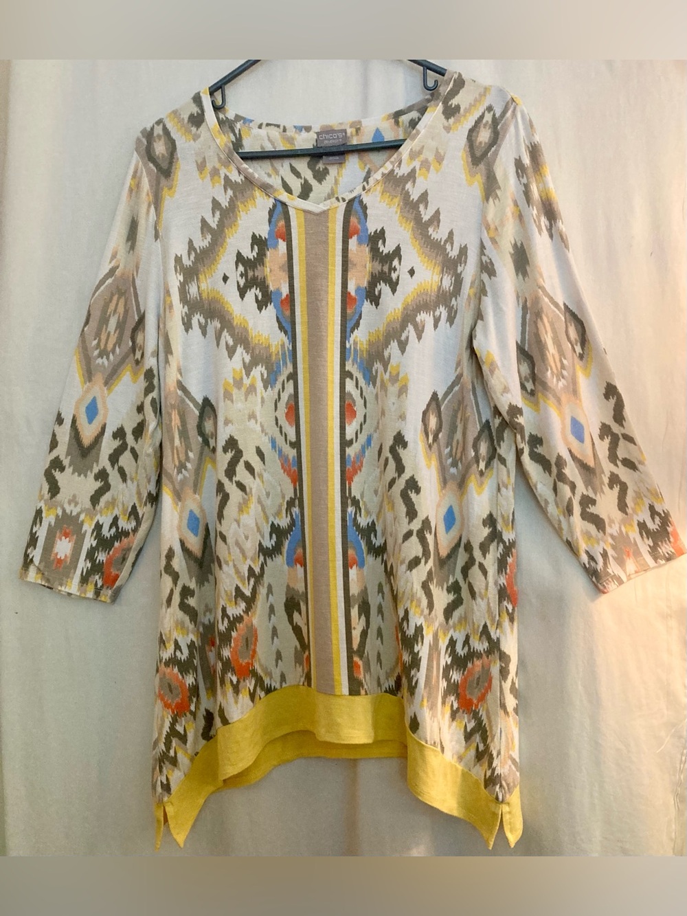 Chico's Yellow Multi-Color Aztec Print Scarf Hem Scoop Neck Tunic Size 1